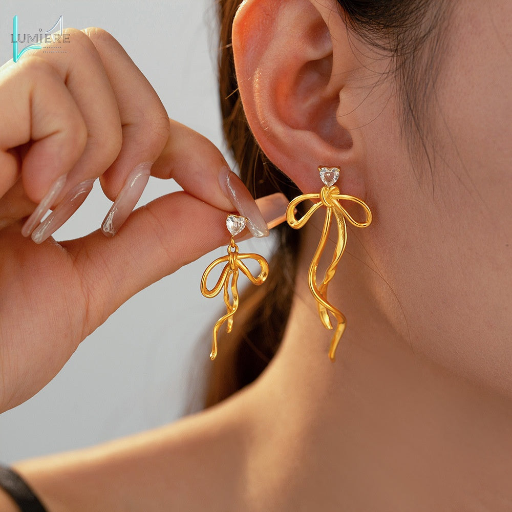 Zircon ribbon bow tassel earrings