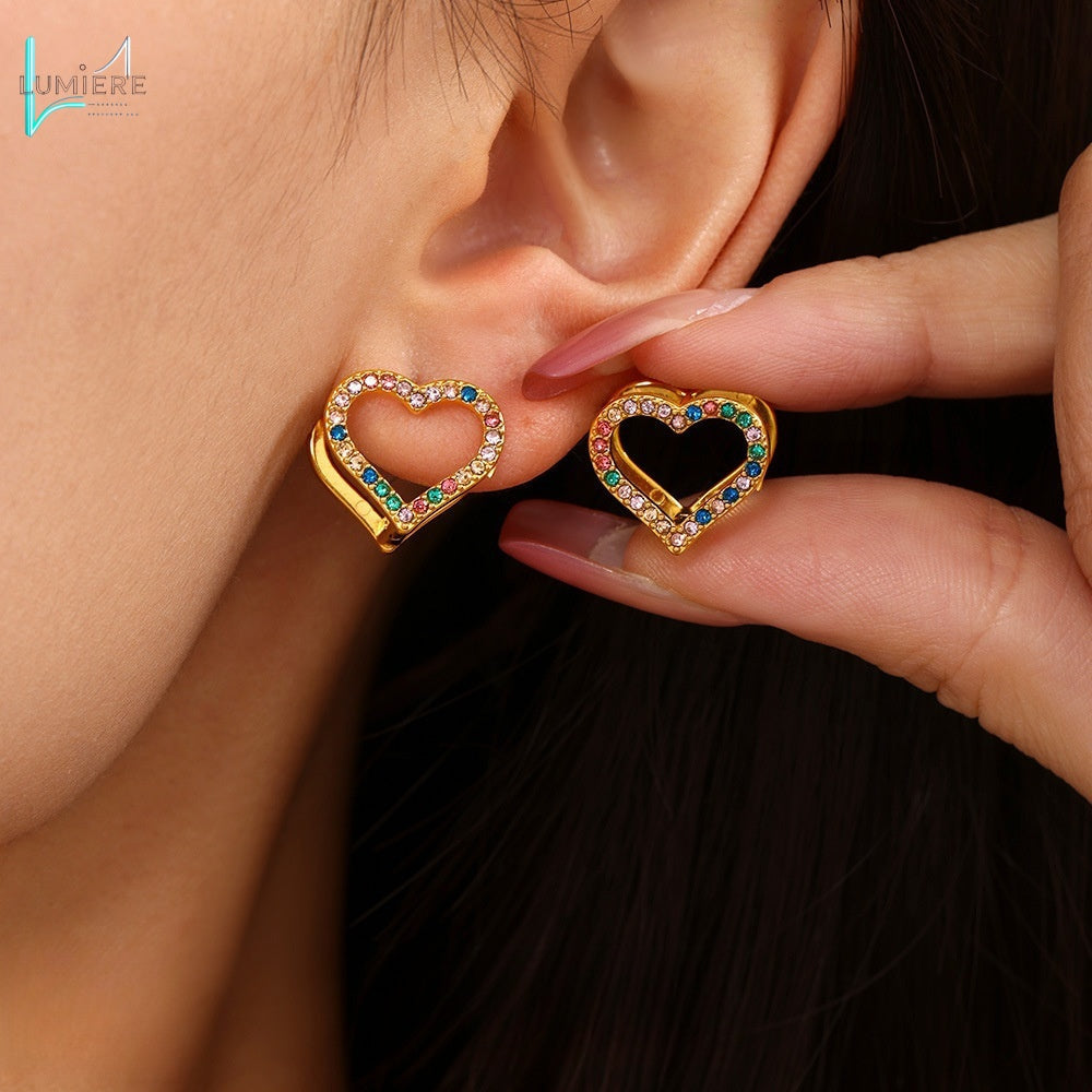 Stainless steel double-sided heart-shaped colored zircon earrings