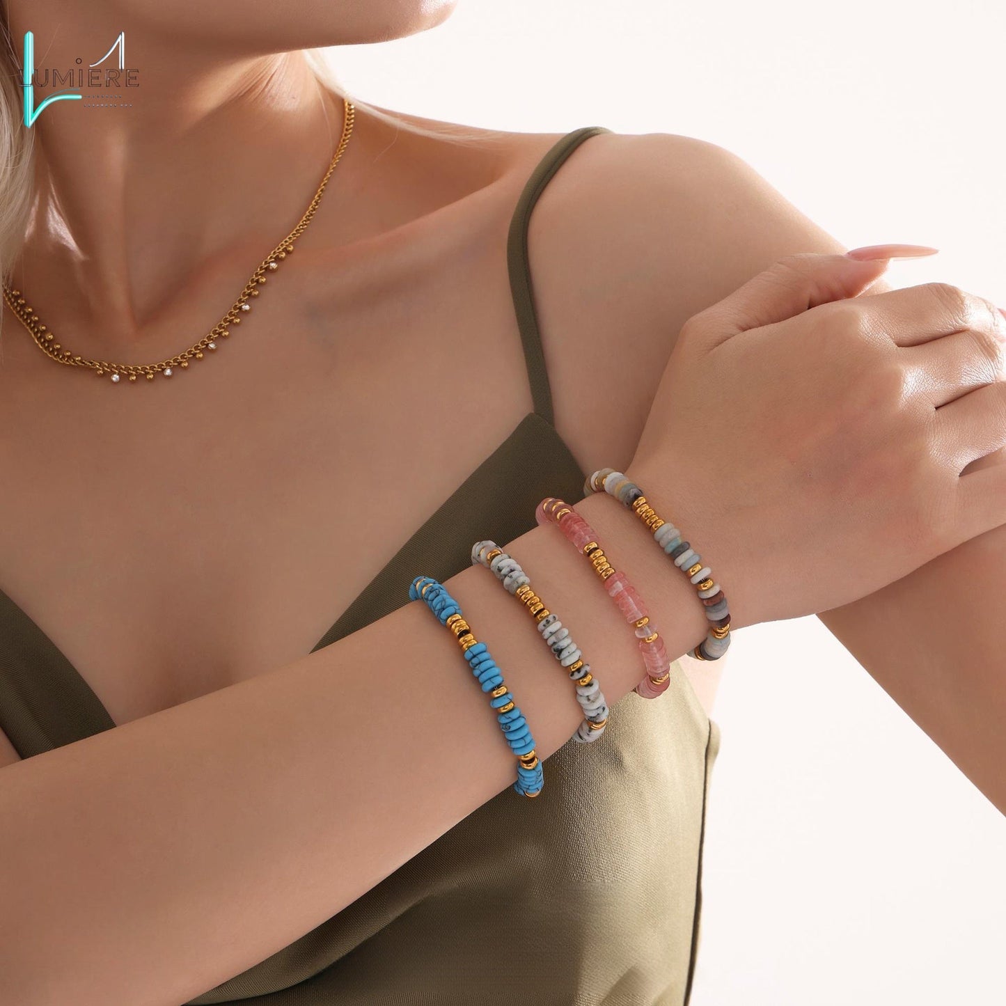 Natural Stone 18K Gold Abacus Bead Bracelet