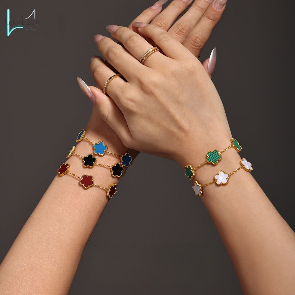 Multi colored agate five leaf flower stainless steel bracelet