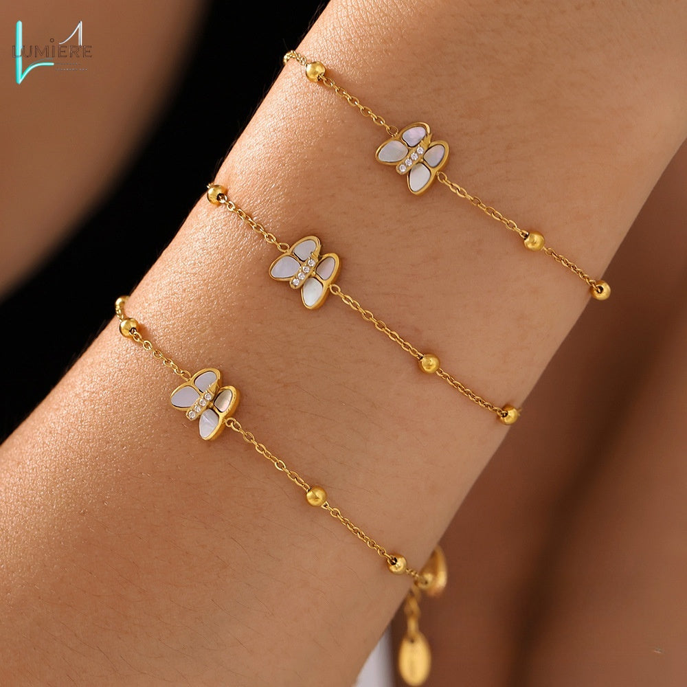 Zircon Titanium Steel 18k Gold Butterfly Ball Bracelet