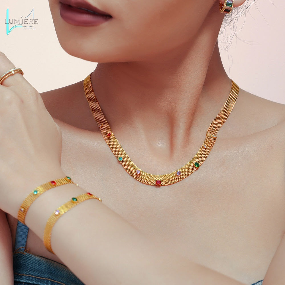 Mesh Chain Ribbon Geometric Colorful Zircon Necklace