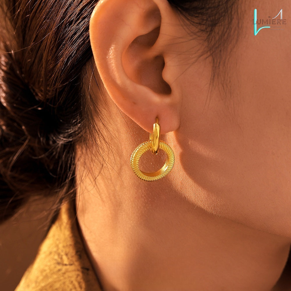 Stainless steel PVD electroplated double ring threaded earrings