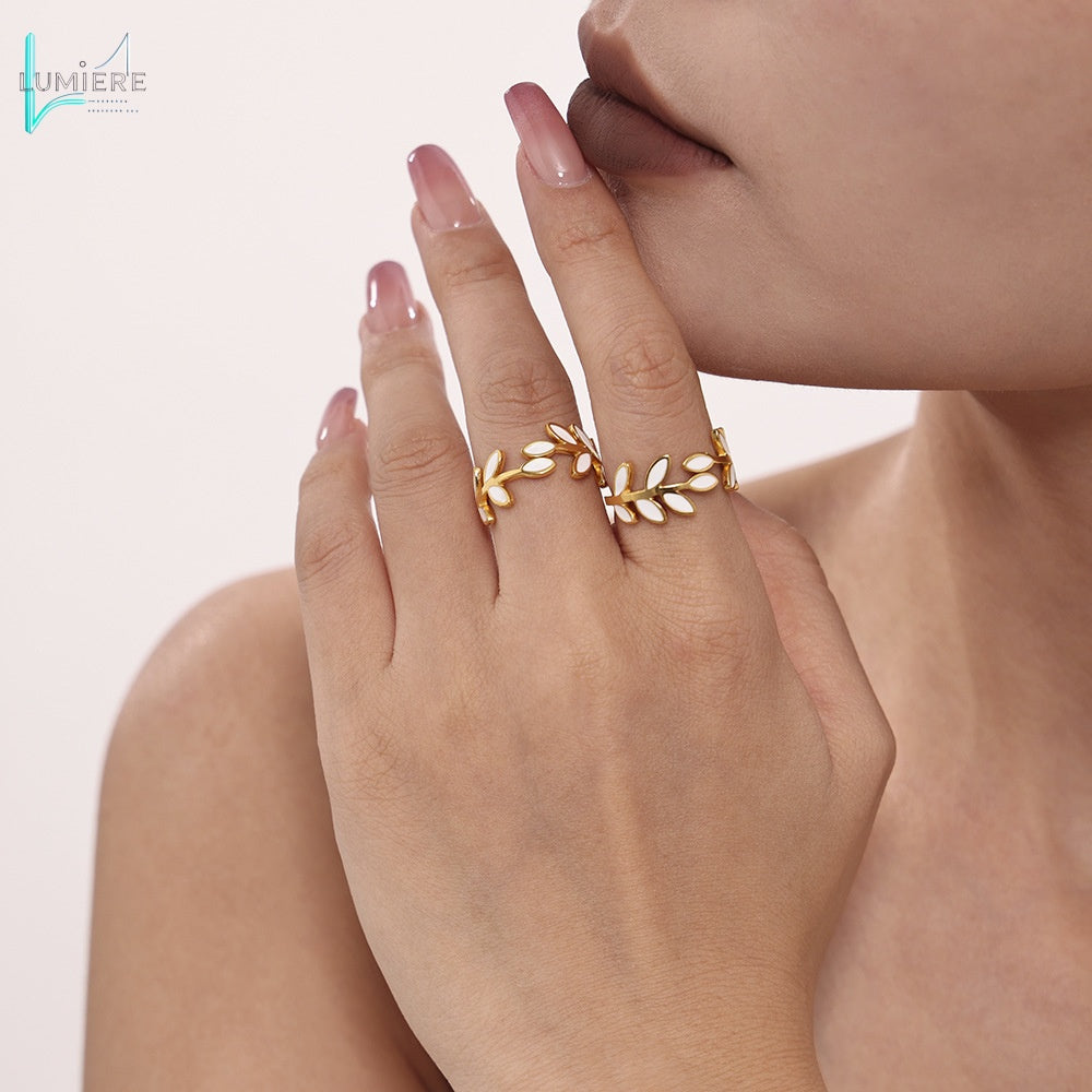 Stainless steel plated 18k gold branch leaf drip oil ring