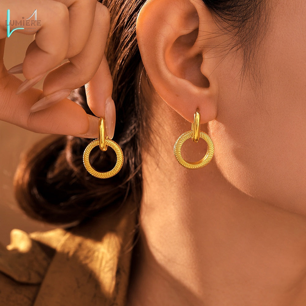 Stainless steel PVD electroplated double ring threaded earrings