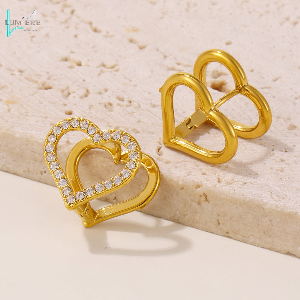 Stainless steel double-sided heart-shaped colored zircon earrings