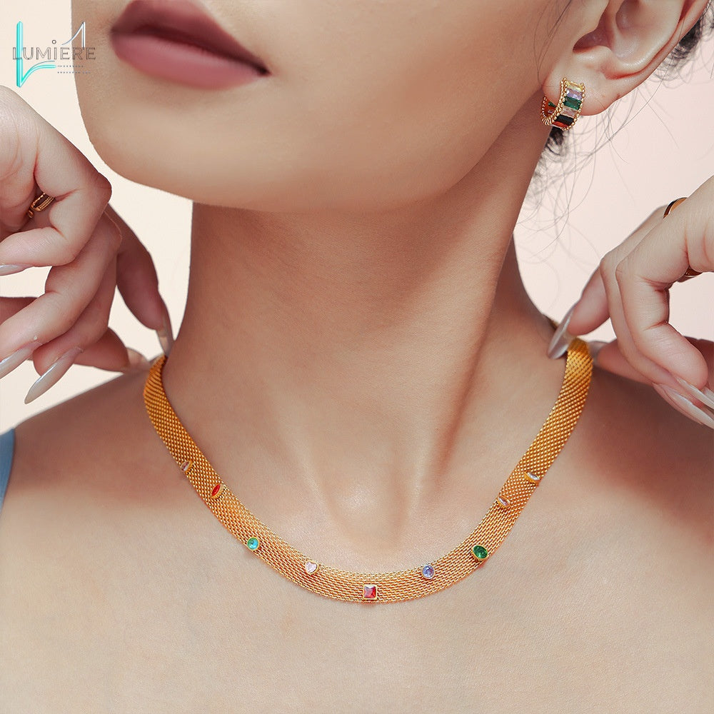 Mesh Chain Ribbon Geometric Colorful Zircon Necklace