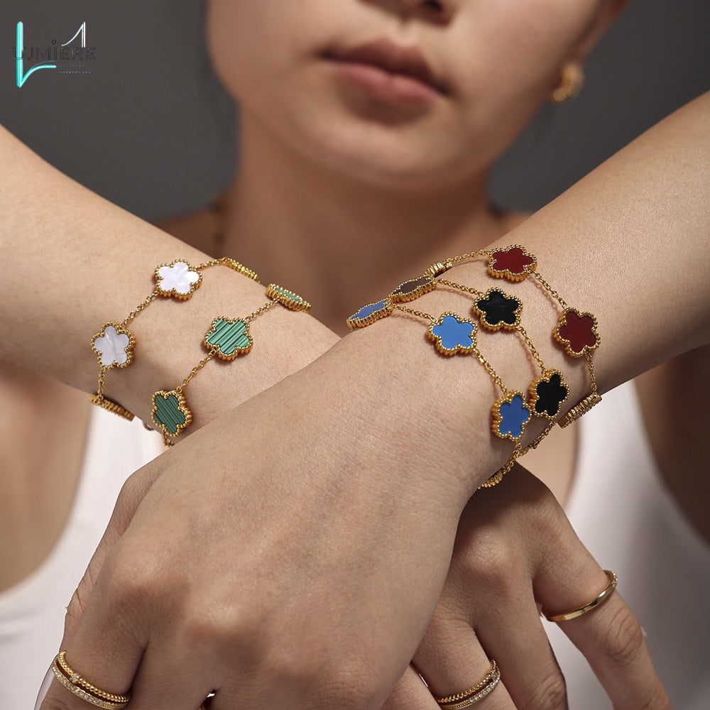 Multi colored agate five leaf flower stainless steel bracelet