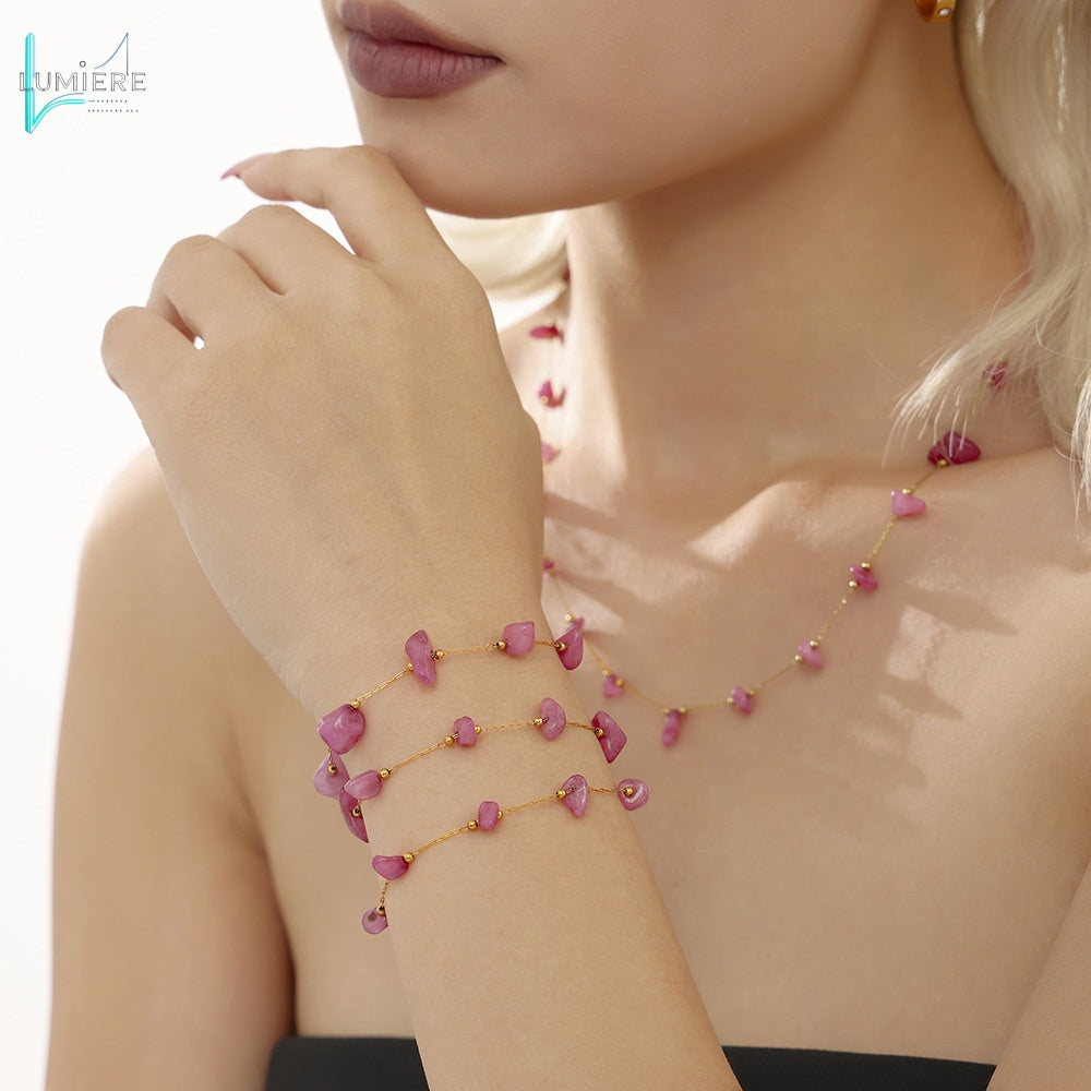 Bohemian style pink natural stone necklace bracelet