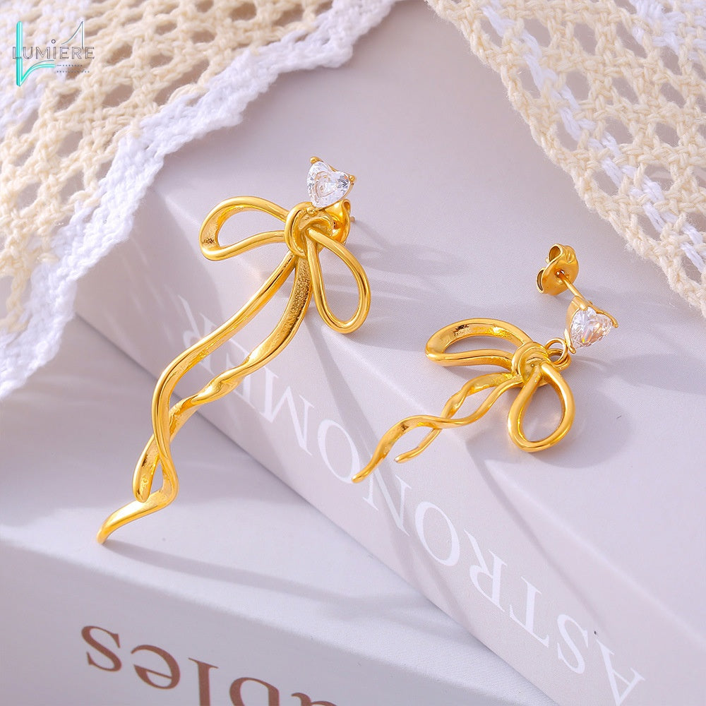 Zircon ribbon bow tassel earrings