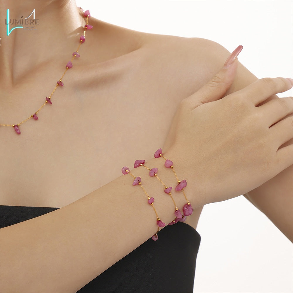 Bohemian style pink natural stone necklace bracelet