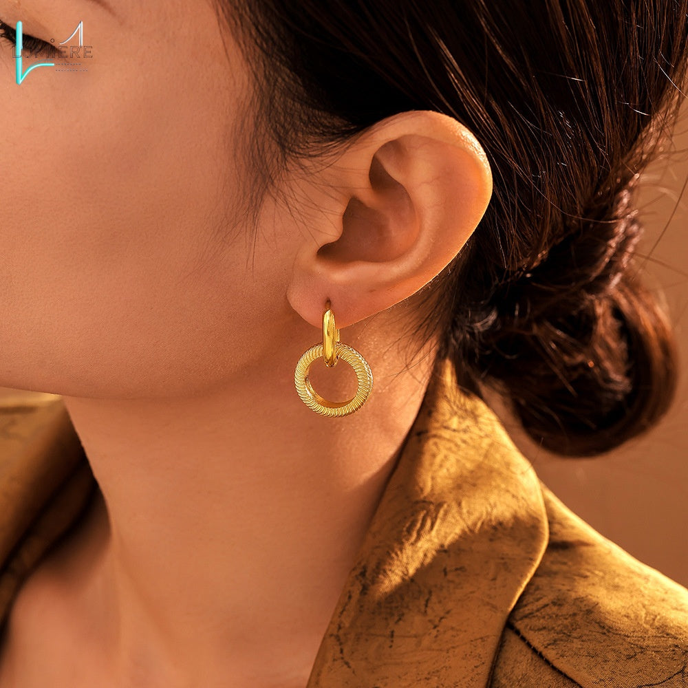 Stainless steel PVD electroplated double ring threaded earrings