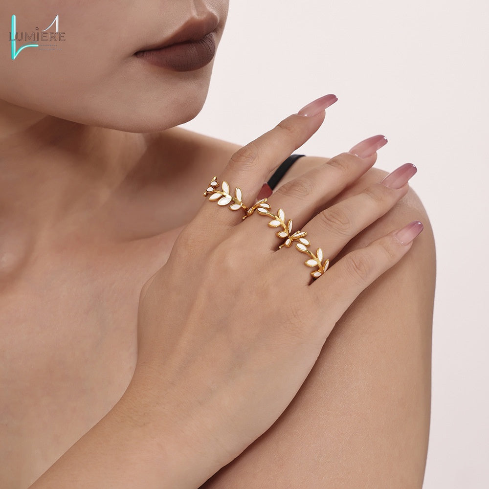Stainless steel plated 18k gold branch leaf drip oil ring