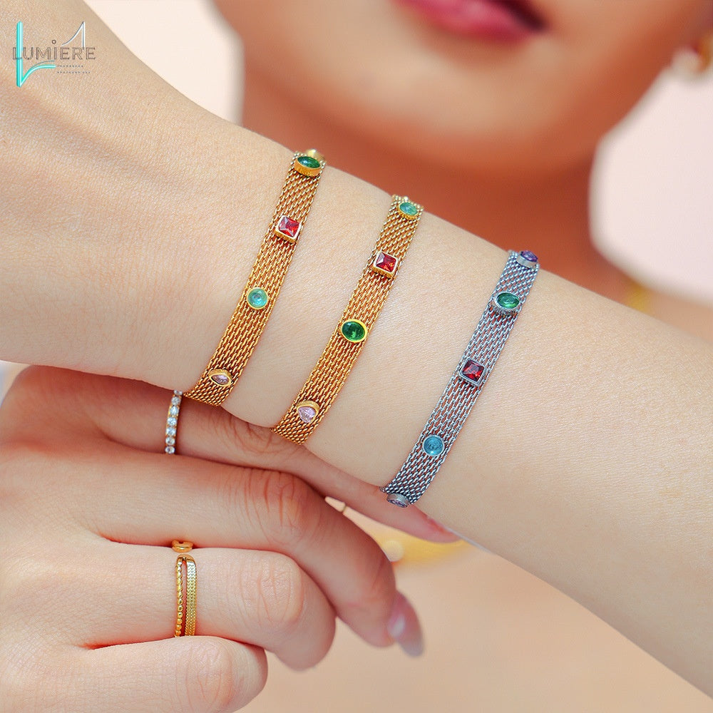 Mesh Chain Ribbon Geometric Colorful Zircon Necklace