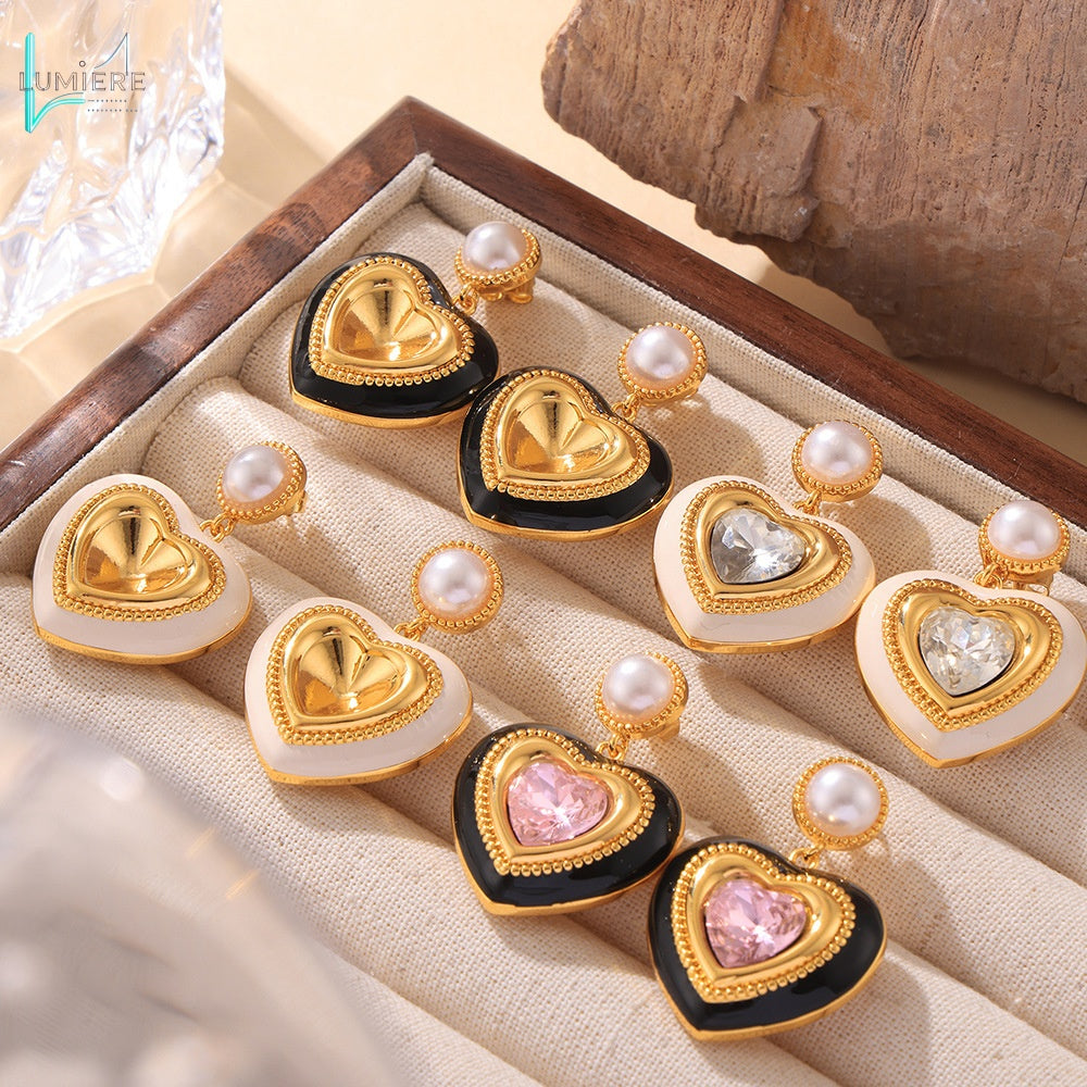 Imitation pearl heart-shaped three-dimensional glass stone full earrings
