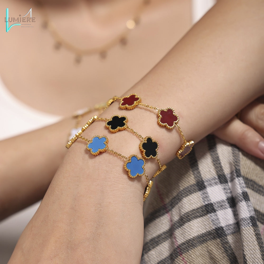 Multi colored agate five leaf flower stainless steel bracelet
