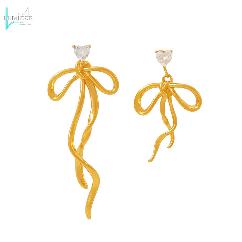 Zircon ribbon bow tassel earrings