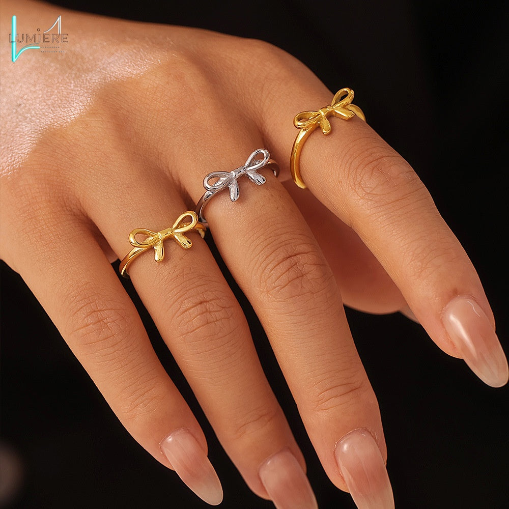 Stainless steel PVD plated 18K gold bow ring bracelet set