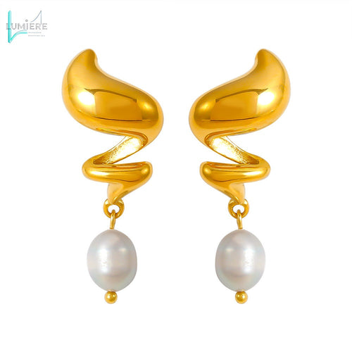 Stainless steel 18k gold spiral freshwater pearl earrings