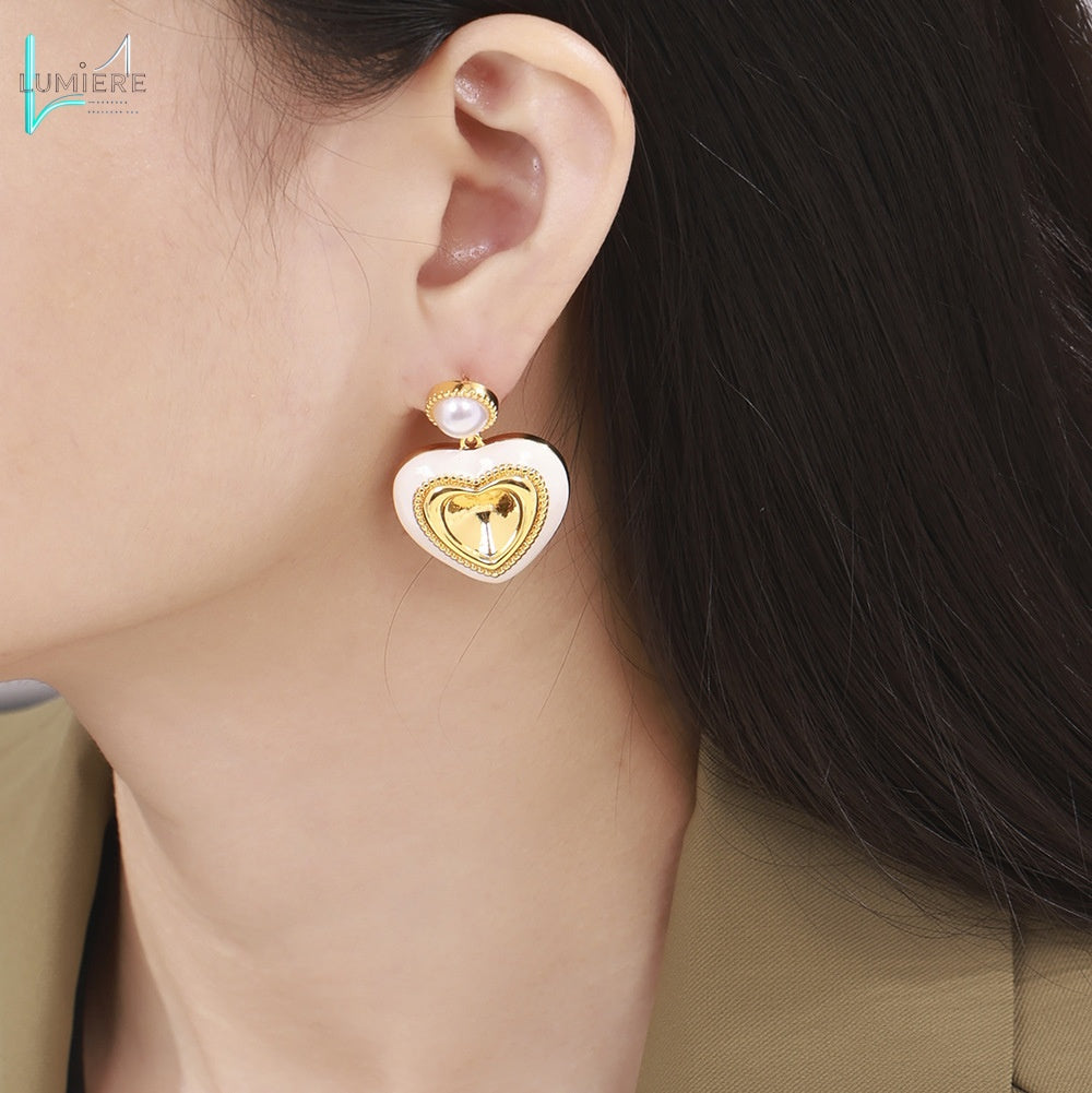 Imitation pearl heart-shaped three-dimensional glass stone full earrings