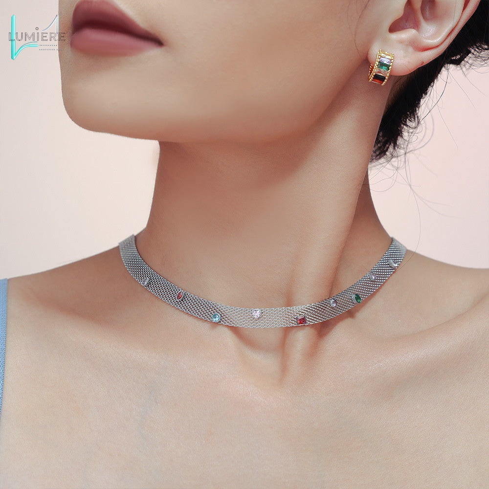 Mesh Chain Ribbon Geometric Colorful Zircon Necklace