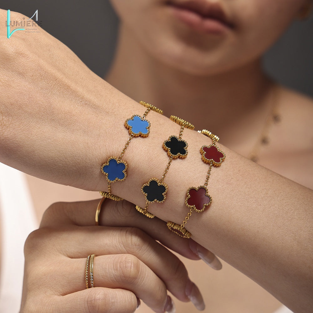 Multi colored agate five leaf flower stainless steel bracelet