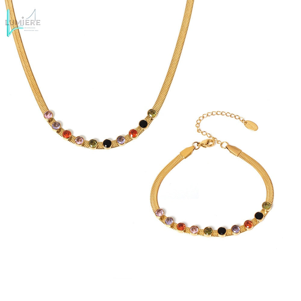 Colorful zircon 18K gold necklace bracelet