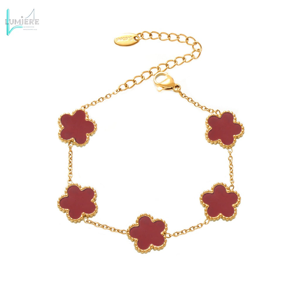 Multi colored agate five leaf flower stainless steel bracelet