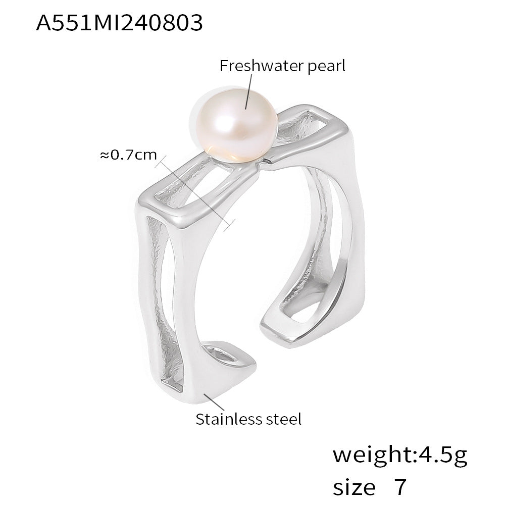 Stainless steel plated 18K gold square hollow pearl ring