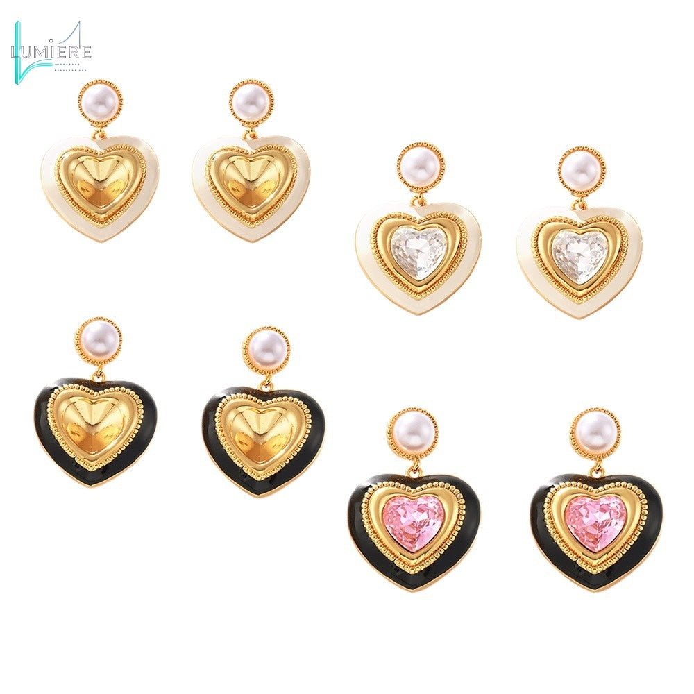 Imitation pearl heart-shaped three-dimensional glass stone full earrings