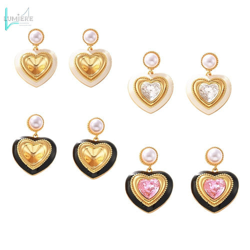 Imitation pearl heart-shaped three-dimensional glass stone full earrings