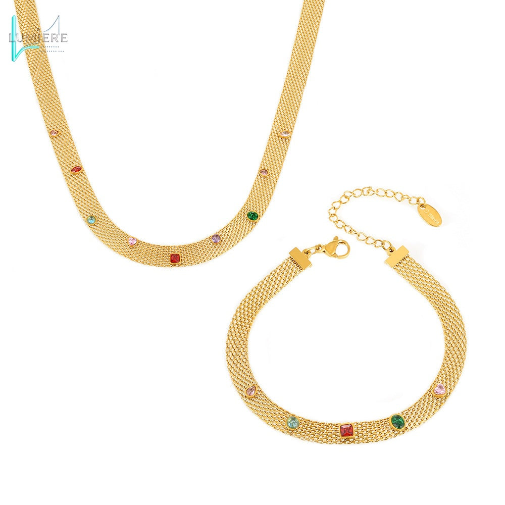 Mesh Chain Ribbon Geometric Colorful Zircon Necklace