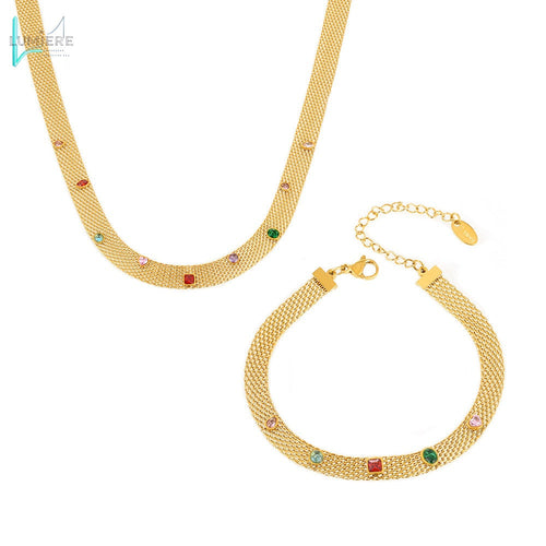 Mesh Chain Ribbon Geometric Colorful Zircon Necklace