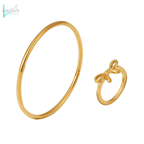 Stainless steel PVD plated 18K gold bow ring bracelet set