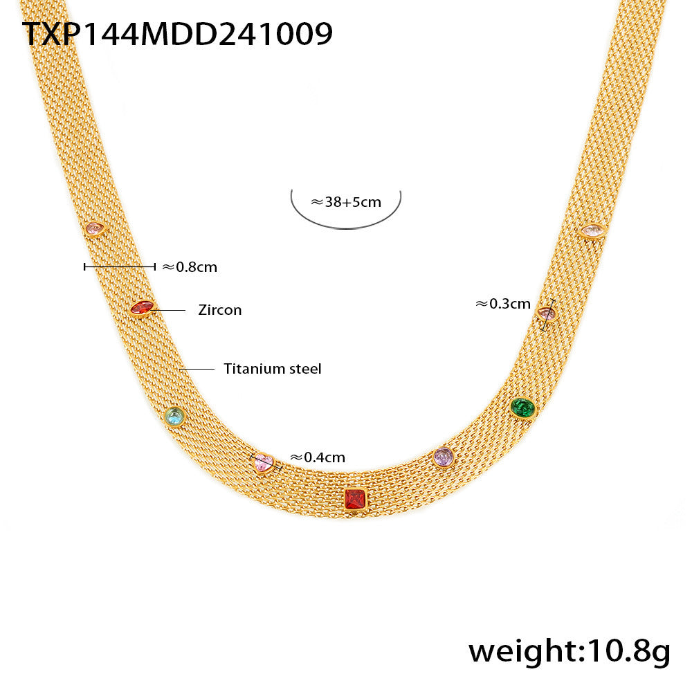 Mesh Chain Ribbon Geometric Colorful Zircon Necklace