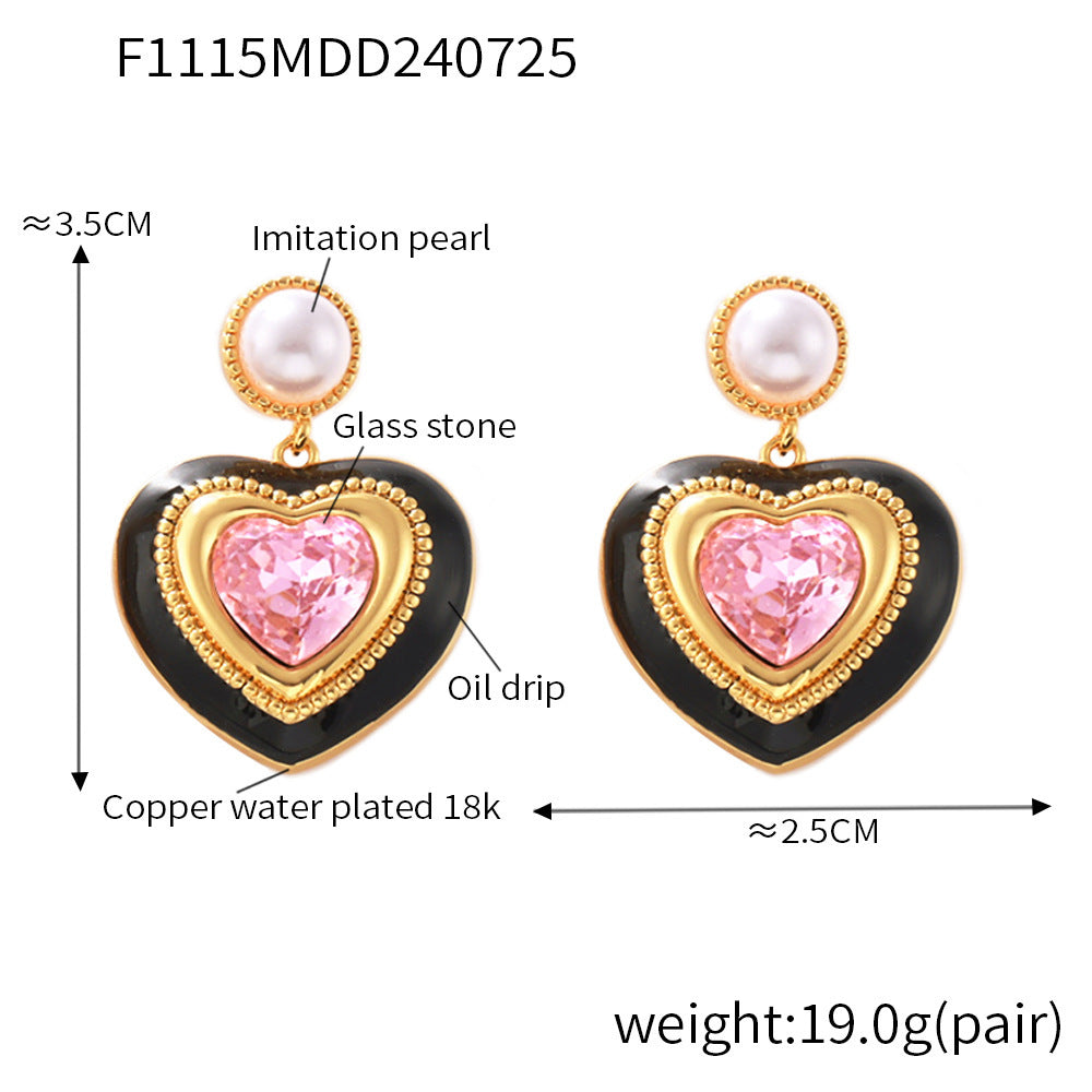 Imitation pearl heart-shaped three-dimensional glass stone full earrings