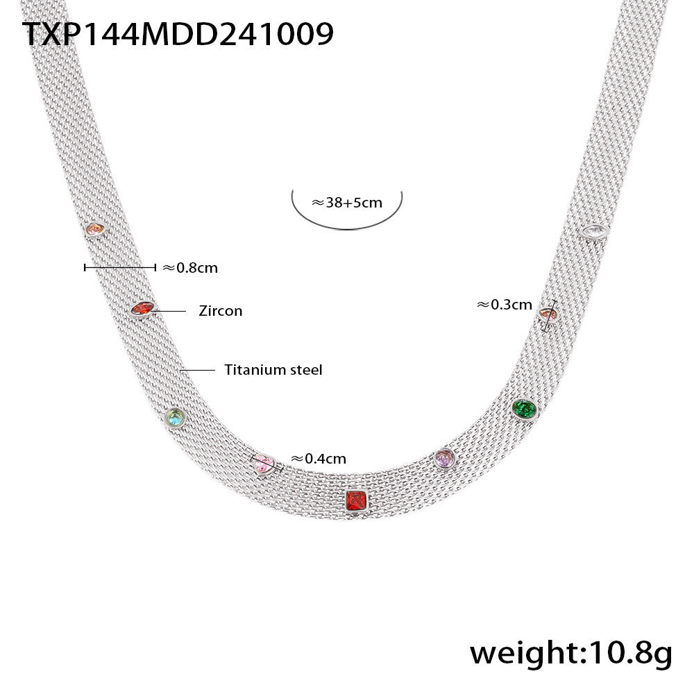 Mesh Chain Ribbon Geometric Colorful Zircon Necklace