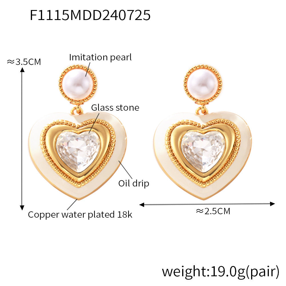 Imitation pearl heart-shaped three-dimensional glass stone full earrings