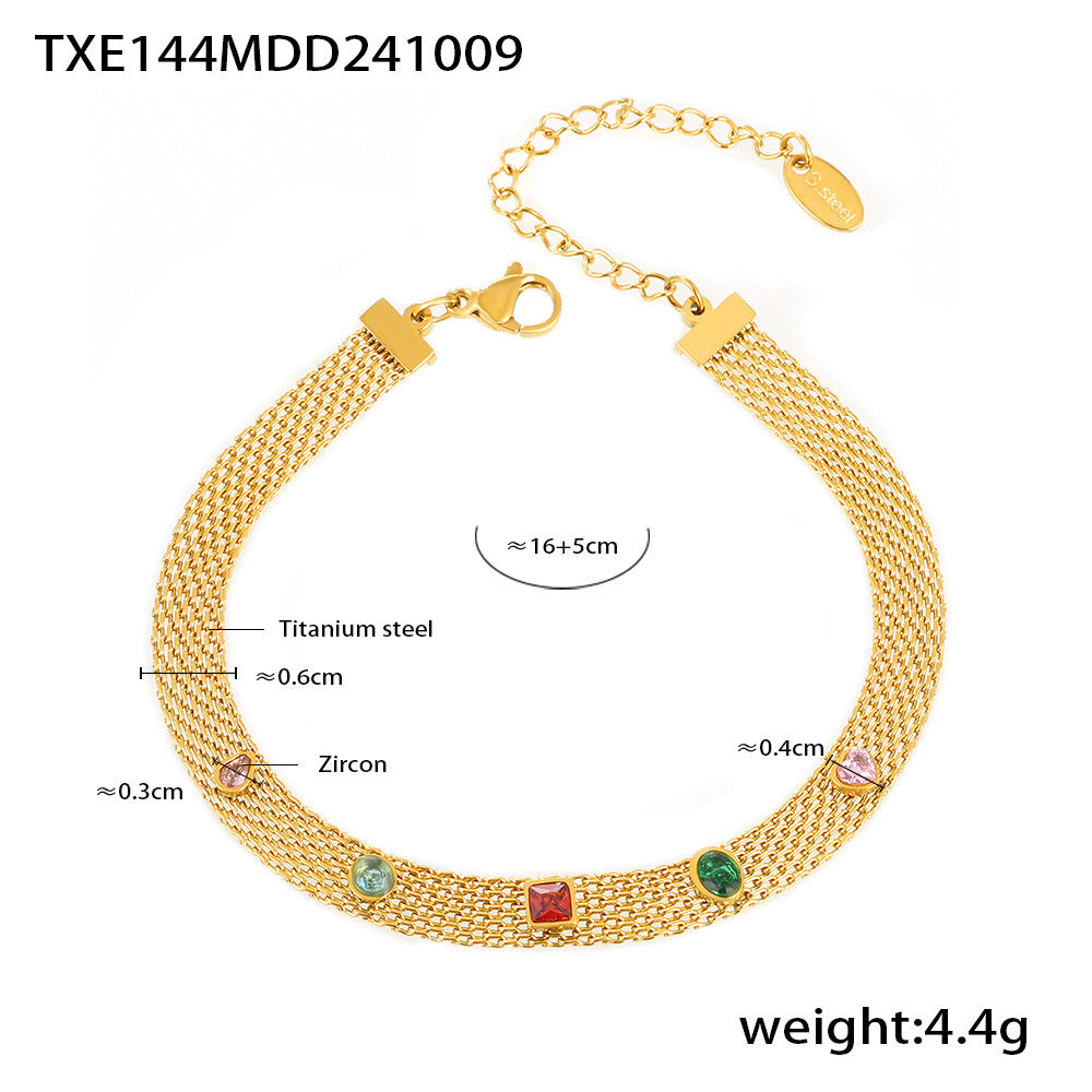 Mesh Chain Ribbon Geometric Colorful Zircon Necklace