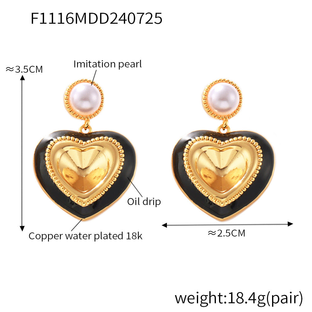 Imitation pearl heart-shaped three-dimensional glass stone full earrings