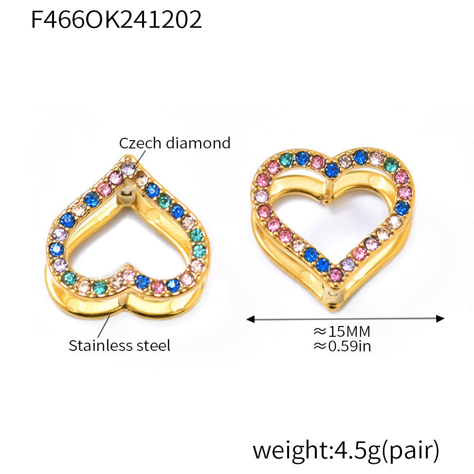 Stainless steel double-sided heart-shaped colored zircon earrings