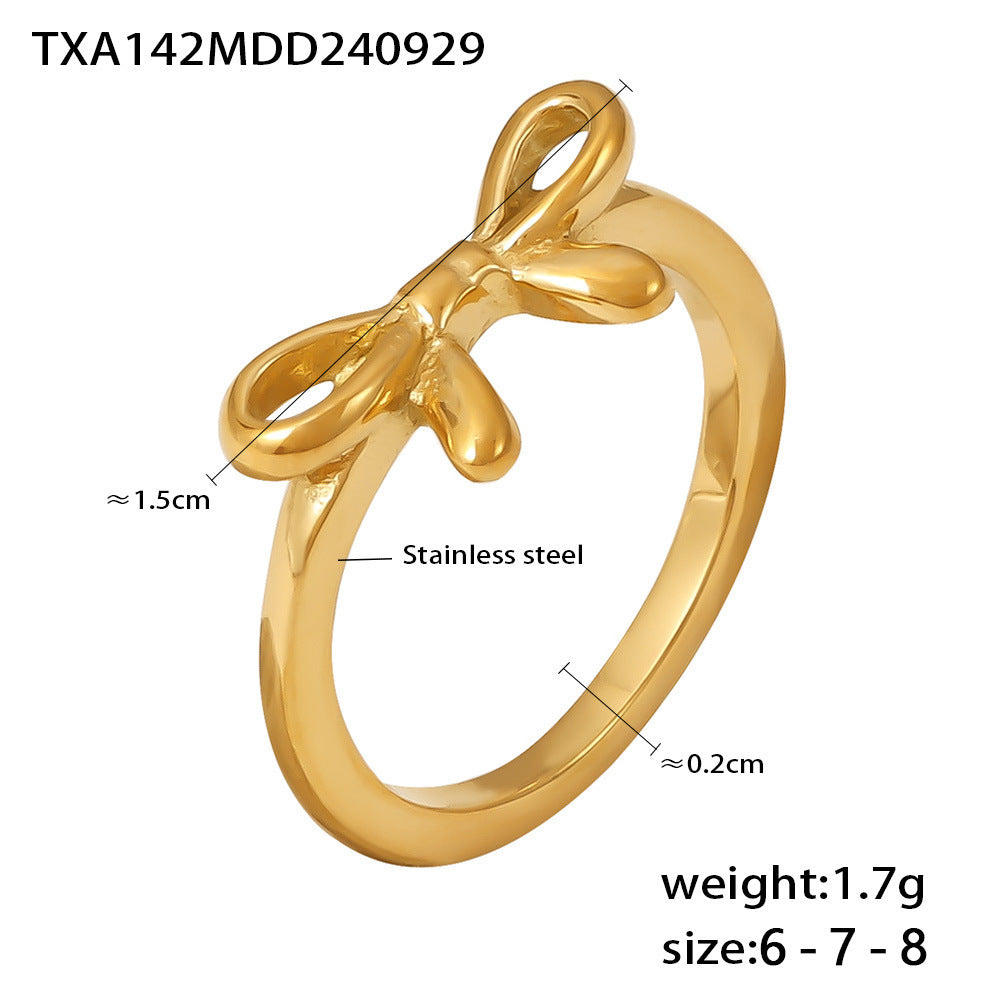 Stainless steel PVD plated 18K gold bow ring bracelet set