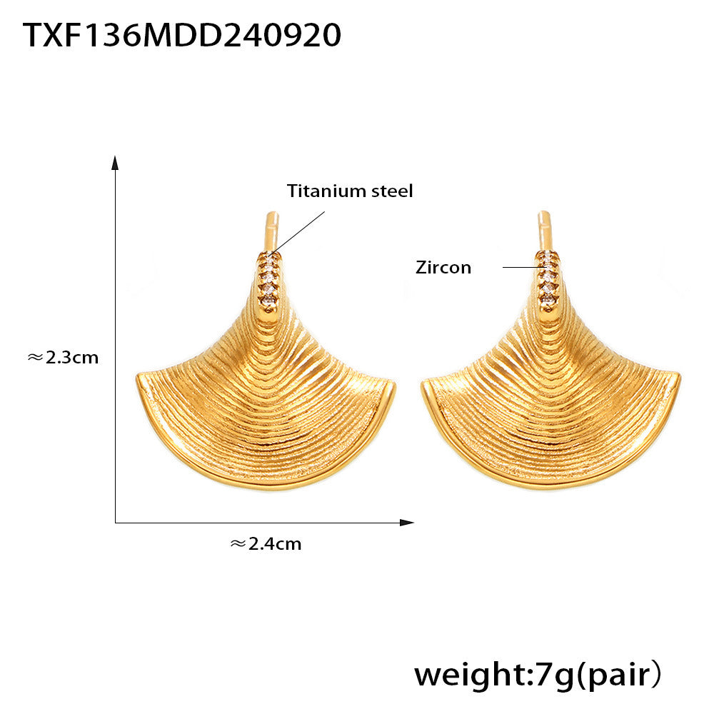 Three dimensional fan-shaped shell zircon pendant necklace earrings