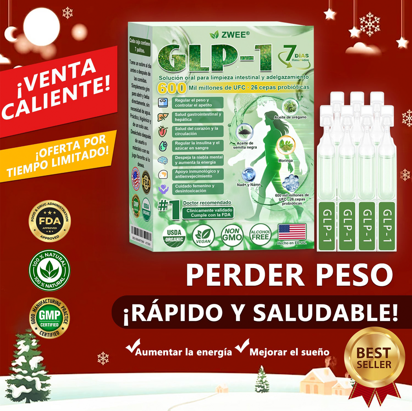 Cleansing® GLP-1 7-Day Intestinal Cleansing and Slimming Oral Liquid contiene 600 mil millones de probióticos vivos para ayudar con el control de peso, la digestión, el aumento de energía y la salud general. Resultados visibles en 7 días.