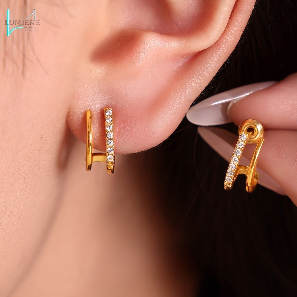 Double layered small C-shaped earrings with inlaid diamonds
