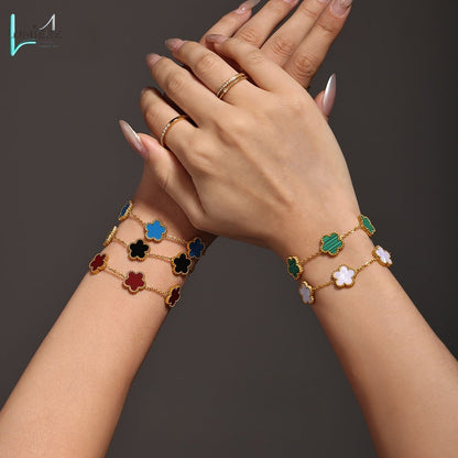Multi colored agate five leaf flower stainless steel bracelet