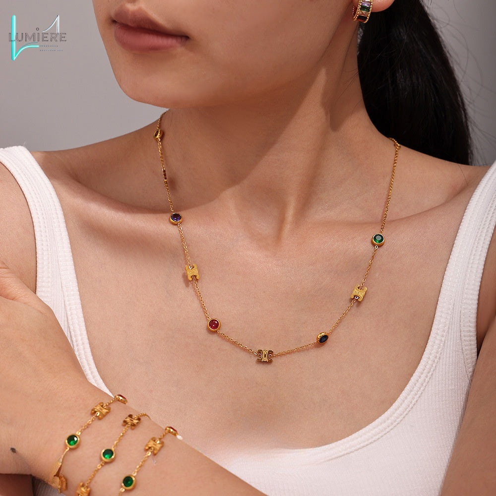 Color PVD electroplated genuine gold stainless steel zircon necklace bracelet set
