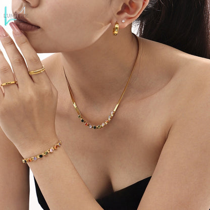 Colorful zircon 18K gold necklace bracelet
