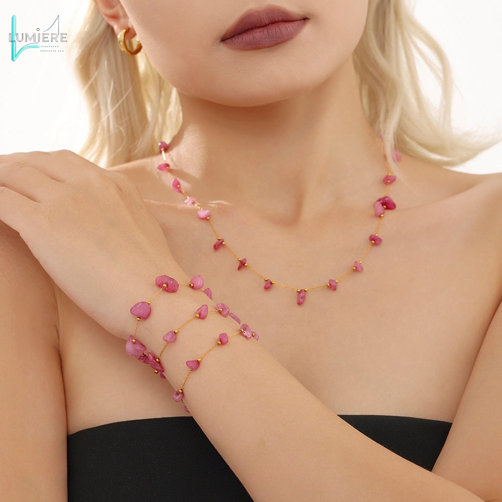 Bohemian style pink natural stone necklace bracelet