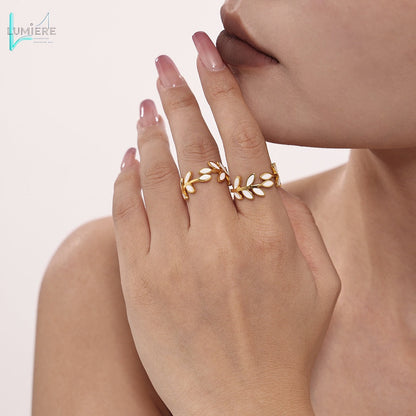 Stainless steel plated 18k gold branch leaf drip oil ring